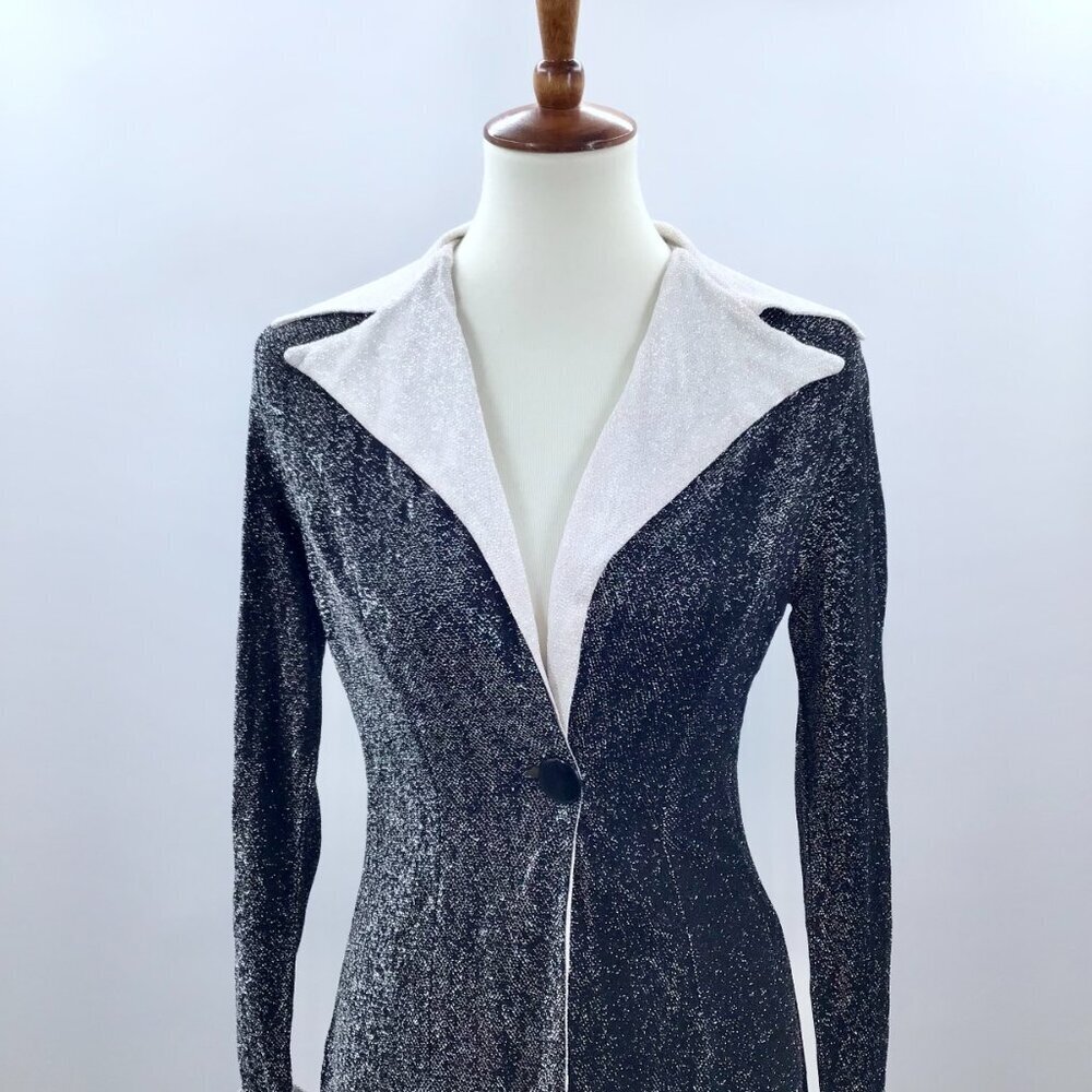 Vintage 1970s Disco Top Women's 10 Black White Metallic Butterfly Collar Retro - Picture 2 of 12